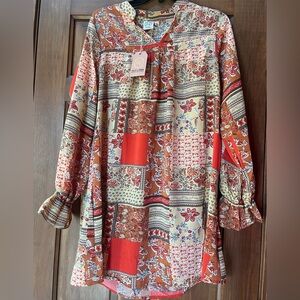 Boho Patchwork Tunic Dress in Rust & Cream. New! Size Small Grace & Emma